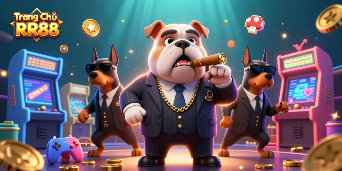 Experience the excitement at Trang Chủ RR88 with a cartoon mafia boss and 3D arcade elements in a vibrant casino illustration.
