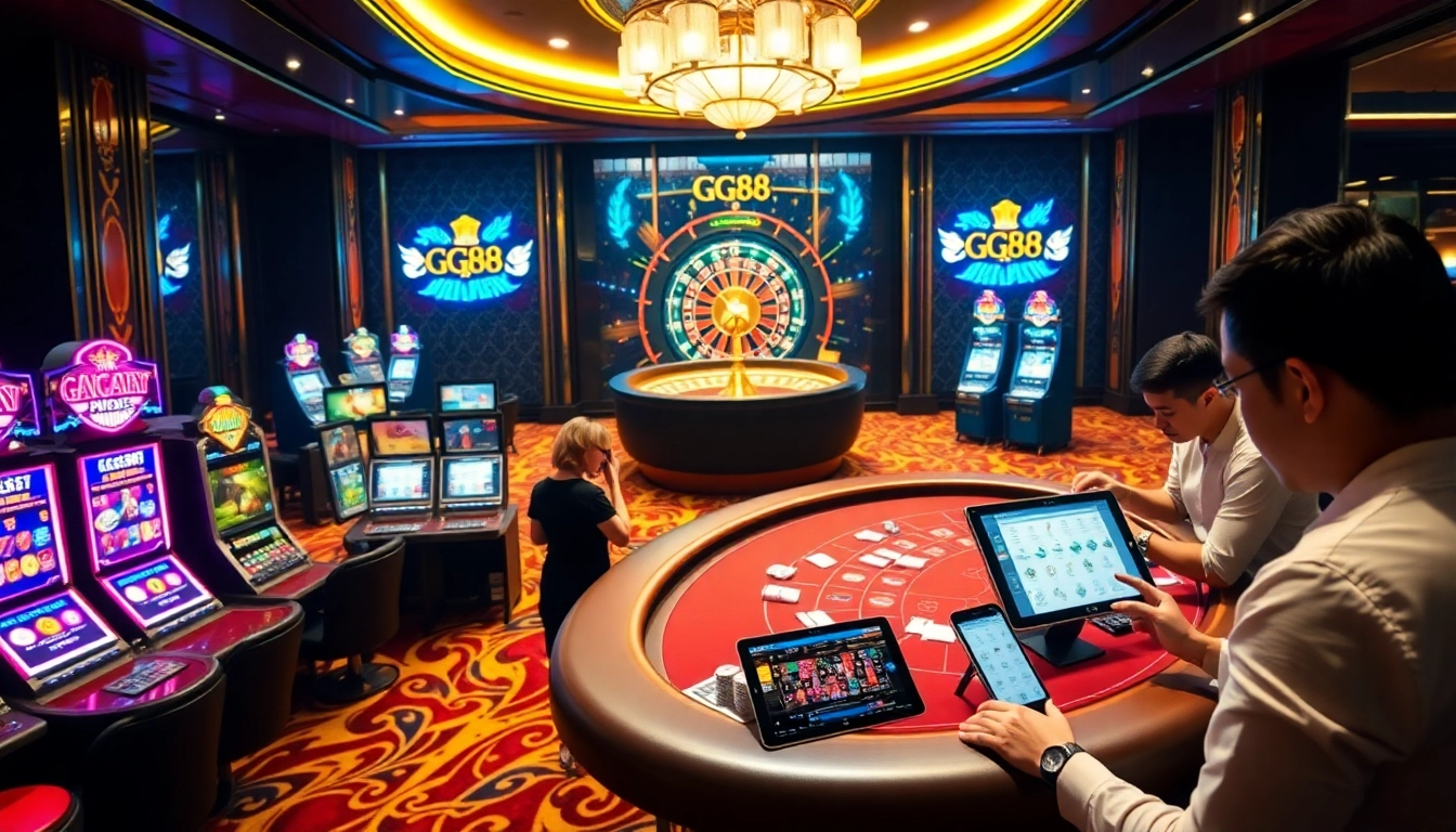 Experience the vibrant atmosphere of GG88 with exciting gaming tables and luxurious slot machines.