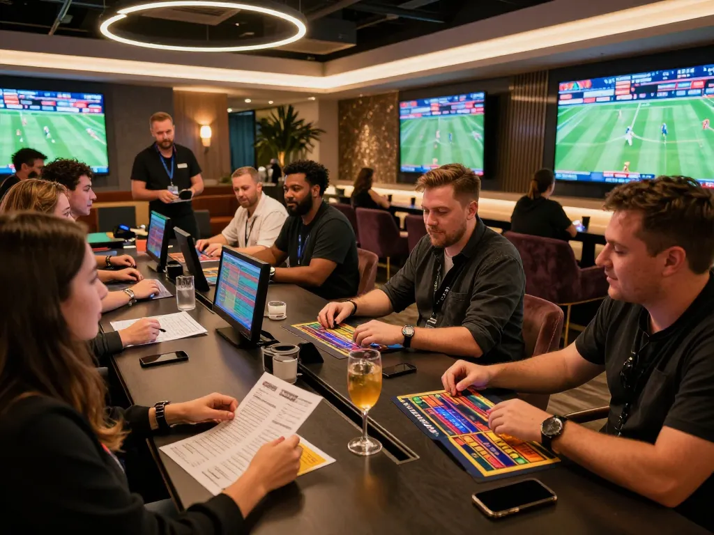 Engaged sports bettors at HITCLUB placing wagers in a dynamic sportsbook lounge