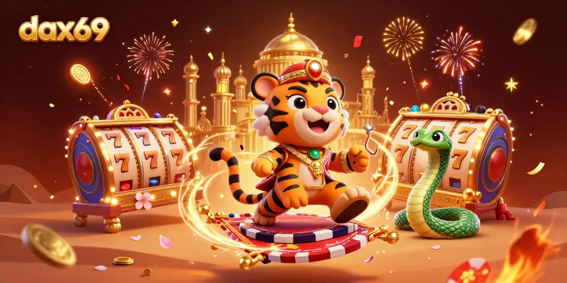 Dax69 menyajikan sultan harimau مذهل dalam permainan slot, dikelilingi oleh lampu energi magis dan koin keberuntungan.