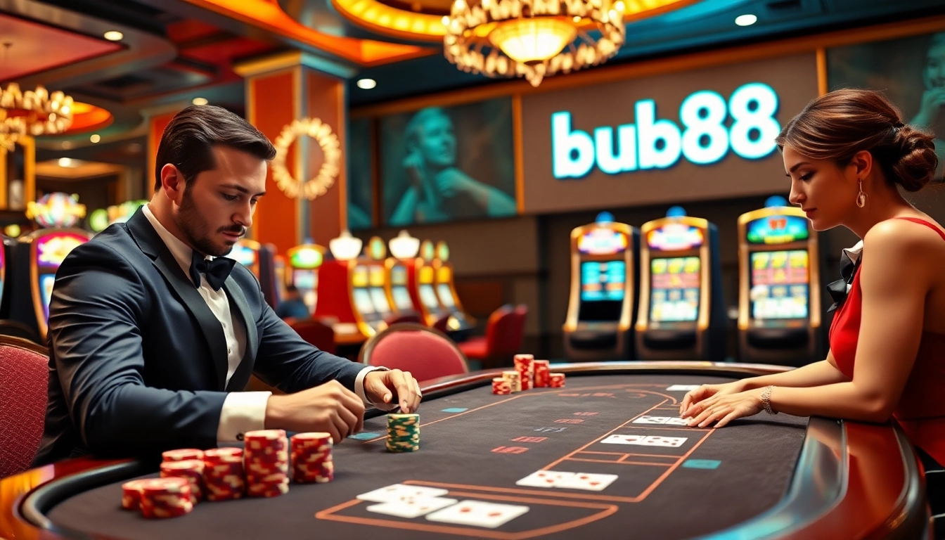 BU88 casino image showcasing an exciting poker game with colorful chips and skilled players.