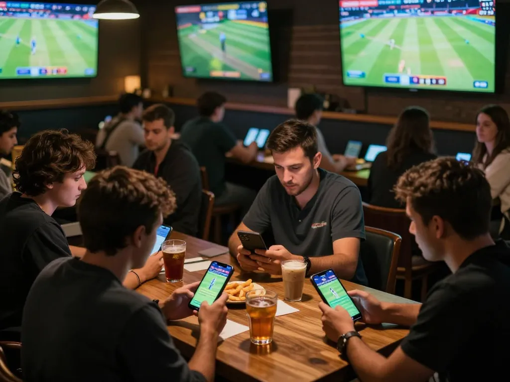 Engaged bettors using Crickex app for live cricket betting in a vibrant sports bar atmosphere.
