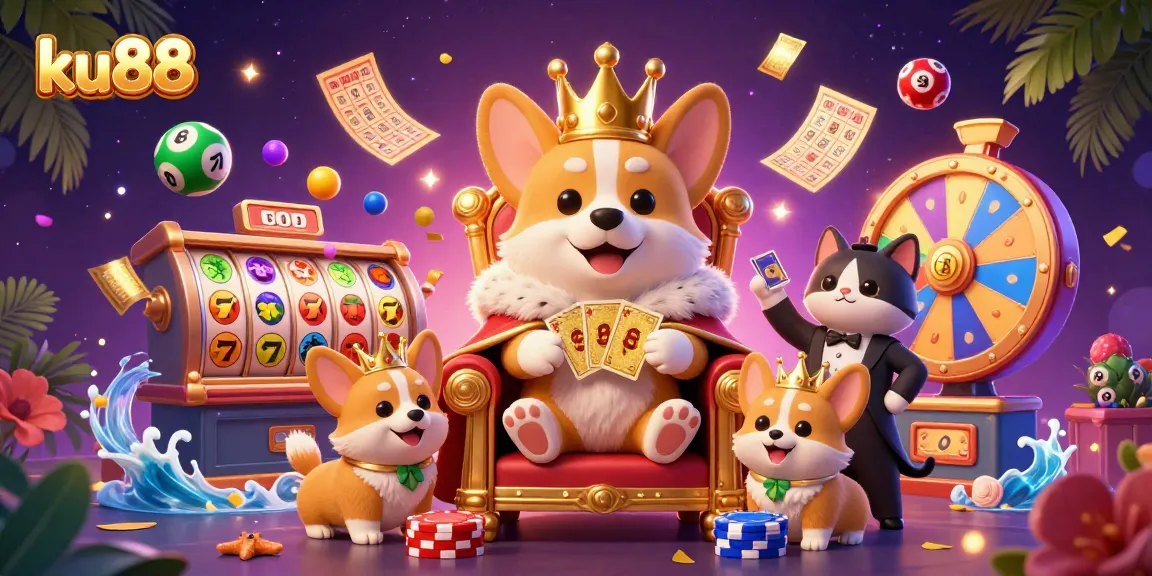 Engage with ku88 as the royal corgi rules the casino realm, surrounded by vibrant gaming elements.