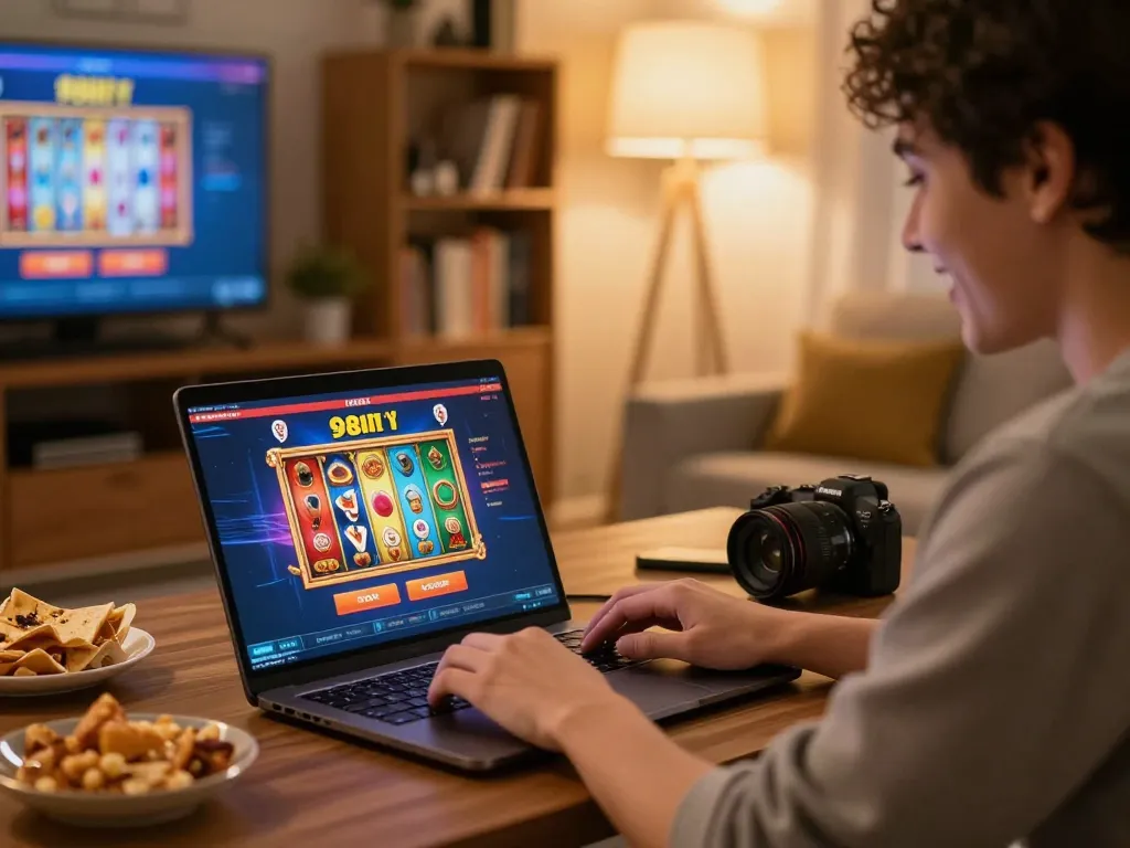 Register for Đăng Ký 98WIN while enjoying an engaging home gaming session on a laptop.