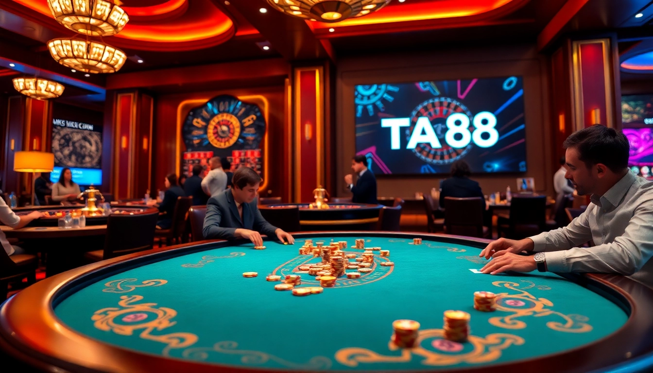 Players enjoying a high-stakes game at TA88 poker table in an upscale casino setting