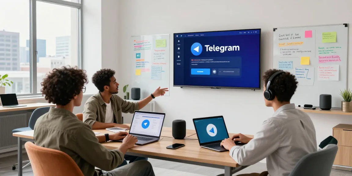 Download Telegram on a laptop in a modern tech workspace with colleagues discussing features.