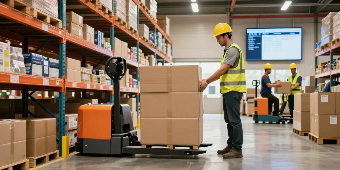 Electric pallet jack in action, lifting boxes in a bright warehouse setting, showcasing efficient material handling.