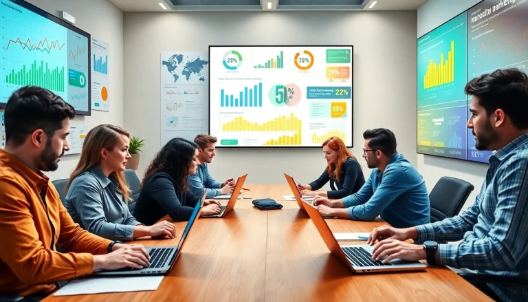 Professional team brainstorming Digital Marketing tactics in a bright, collaborative workspace.