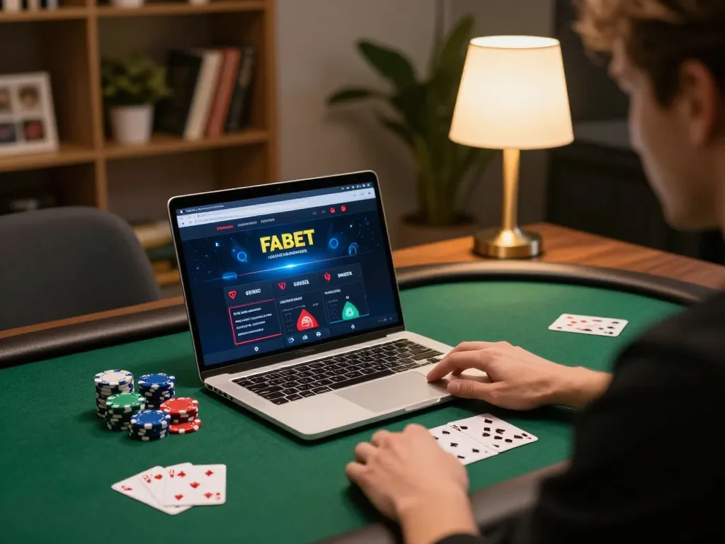 Playing online casino games at FABET with a sleek laptop and cozy ambiance