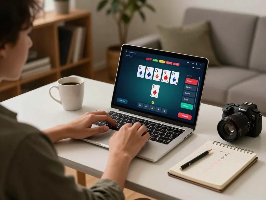 SKY88 user strategizing online poker game at home with laptop and betting notes.