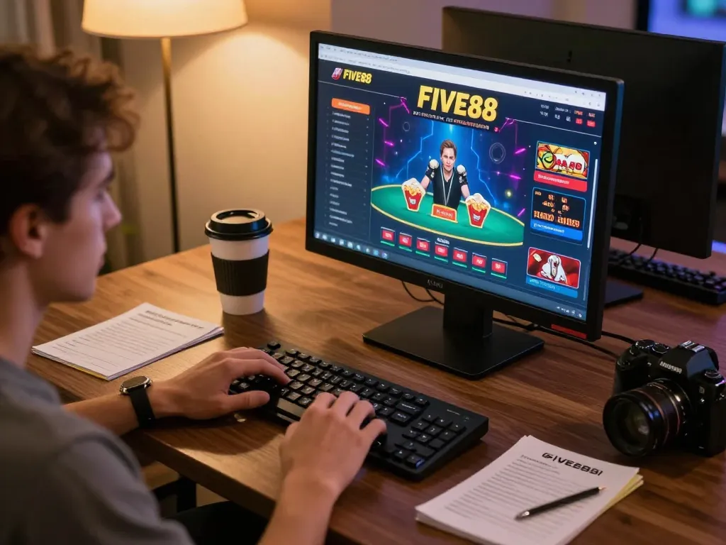 Engaging in live dealer games on FIVE88 with a cozy gaming setup and strategic betting notes.