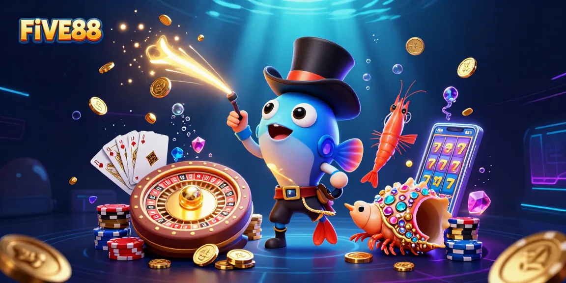 Experience Five88's vibrant underwater casino scene with glowing treasures and entertaining characters.