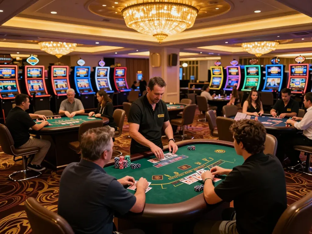Engaged players at dn88 blackjack table enjoy an exhilarating casino experience amidst elegant decor.