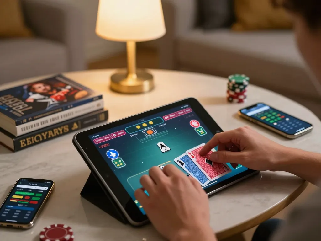 Engaging online poker session on a tablet with 789win interface in a cozy home setting