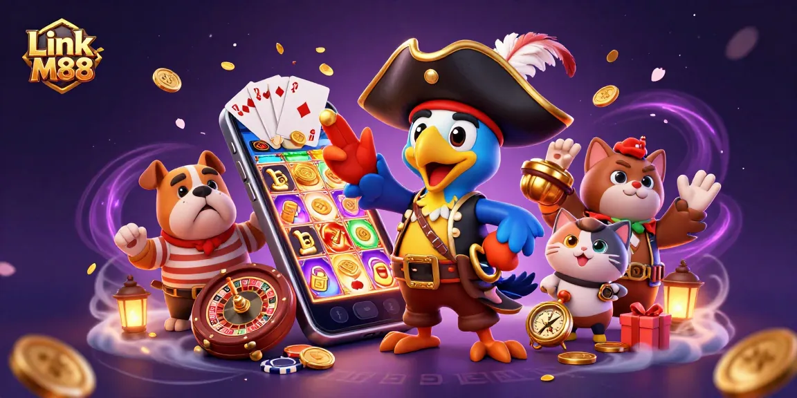 Experience the excitement of Link M88 with a pirate captain and friends in a vibrant casino scene.