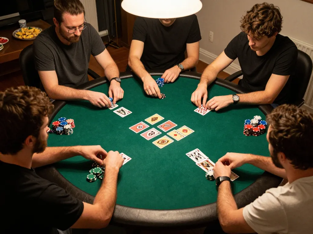 LV88 players enjoying an engaging poker game with chips and cards in a cozy home atmosphere