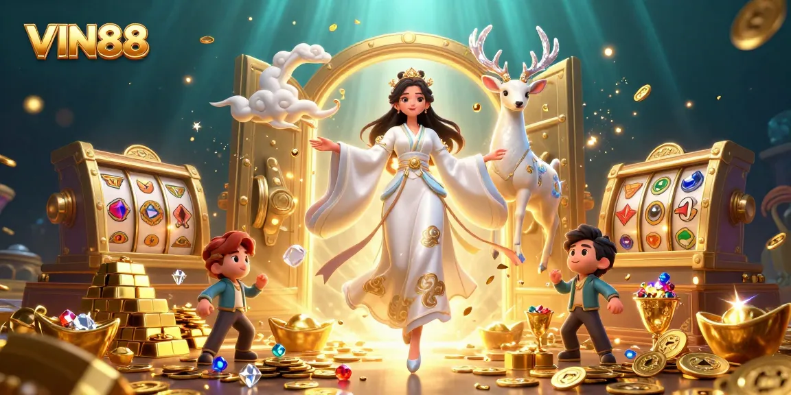 Experience the thrill of VIN88 with stunning visuals of slots and treasures in this captivating 3D artwork.