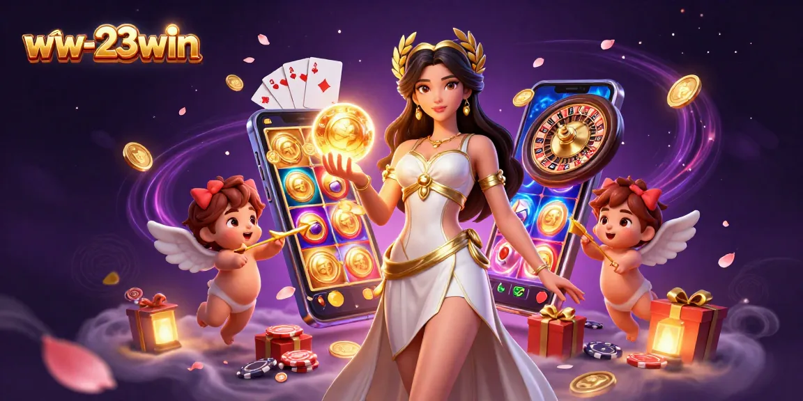 ww-23win enhances gaming excitement with a glamorous casino scene filled with gold coins and vibrant characters.