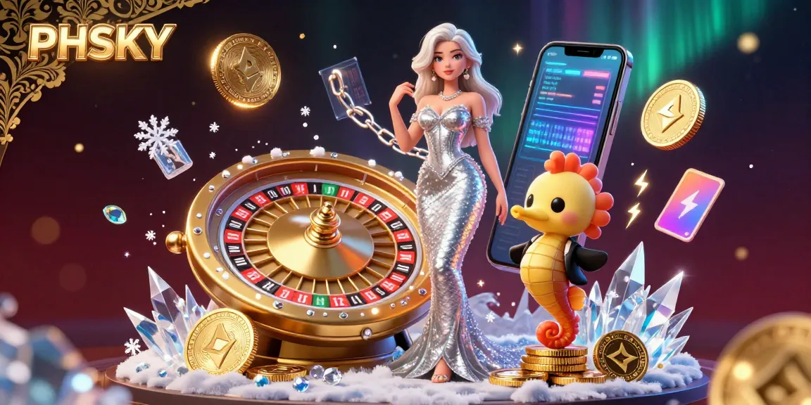 PHSKY showcases an exciting casino scene with a stunning 3D woman beside a golden roulette wheel and glowing crypto coins.