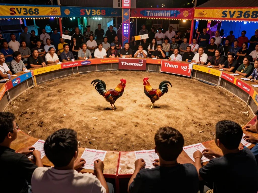 Thrilling cockfighting action at SV368 thomo with cheering crowd and intense competition