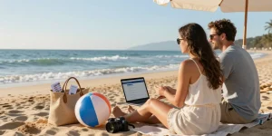 Couple by the beach discussing how can you get rid of a timeshare while reviewing cancellation options on their laptop.