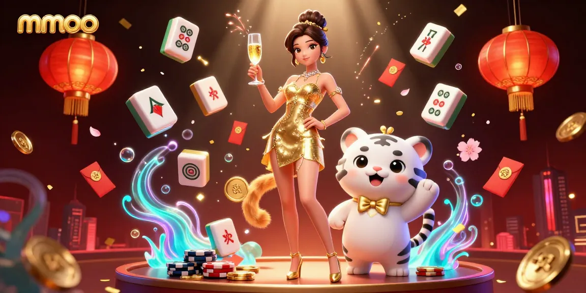 Experience luxury gaming moments at mmoo with a glamorous woman and lucky tiger in vibrant casino setting.