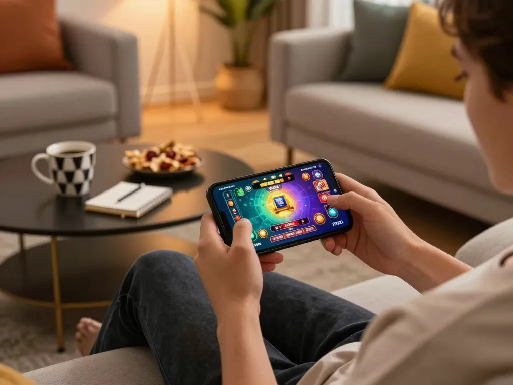 Engaging in mobile gaming on the PH22 app in a cozy home setting with strategic notes nearby.