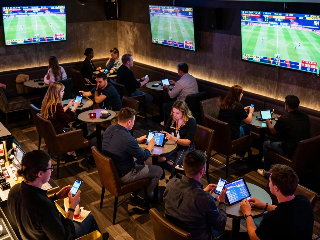 Engaged bettors on DOOBALL99 analyzing odds in a vibrant sports betting lounge atmosphere.