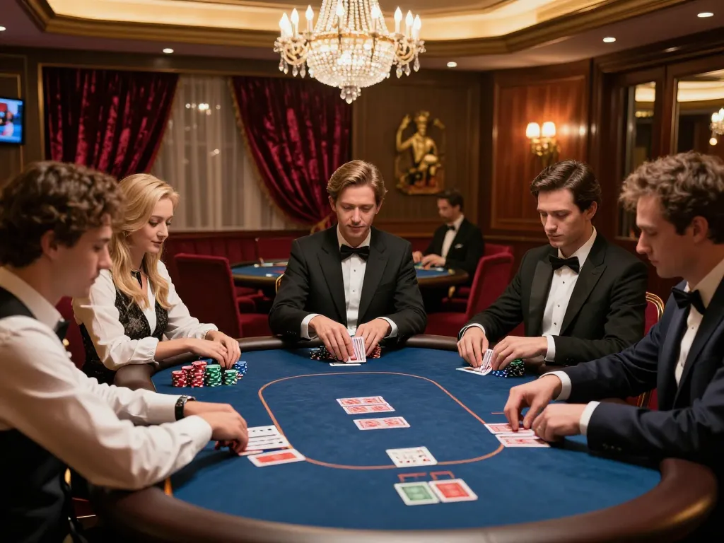 HITCLUB gaming atmosphere: Exclusive poker table scene with elegant players and high stakes.