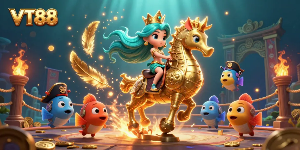 Experience the immersive VT88 online casino with vivid characters in a dynamic underwater scene.
