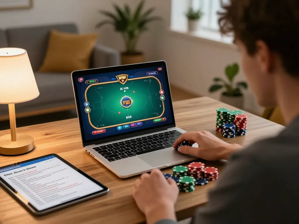 Player engaging in online poker game with DA88 strategy notes visible, warm home setting.