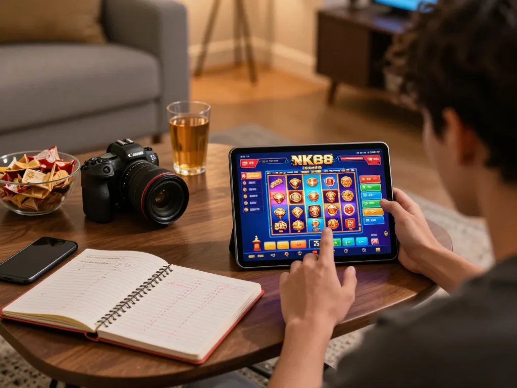 Engaging with NK88 online casino app at home in a cozy setup.