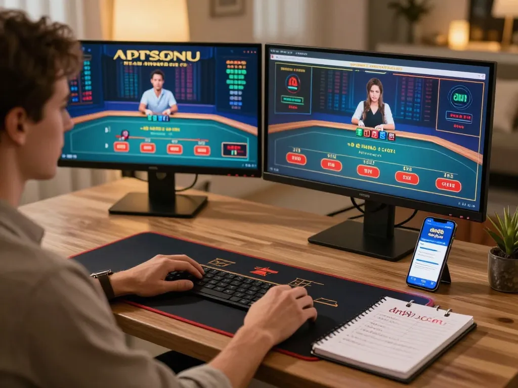 Engaging in live dealer games from dn88 com at home with modern setup, showcasing strategic gameplay