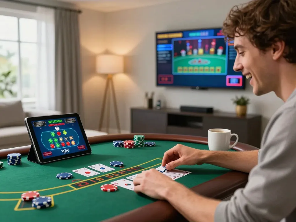 Player strategizing for f1688 blackjack on a tablet in a cozy home setting