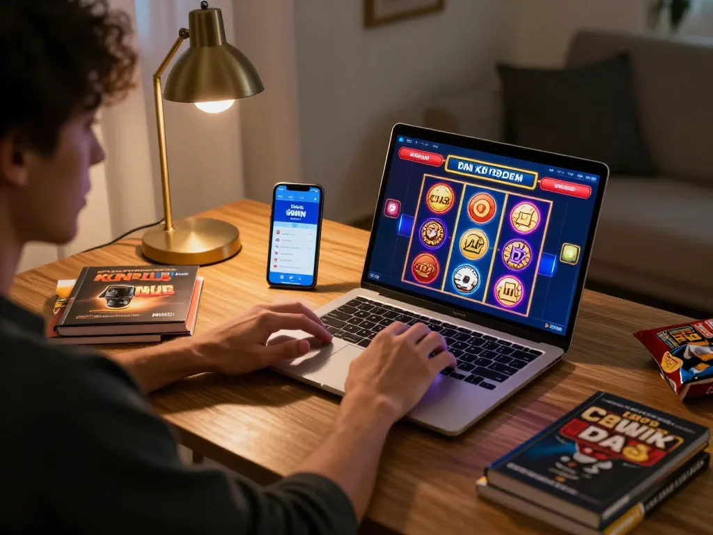 Engaging at-home online gambling scene showcasing Đăng Ký 98WIN app on a laptop.