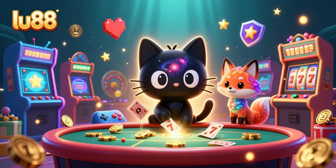 Engage with the cosmic fun of lu88 at the casino table featuring a black hole cat and a colorful nebula fox.