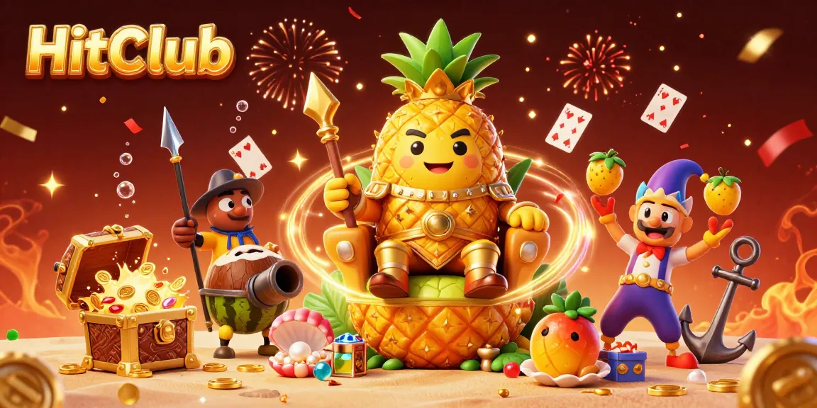 Experience the excitement of HitClub with vibrant 3D casino characters and festive elements.