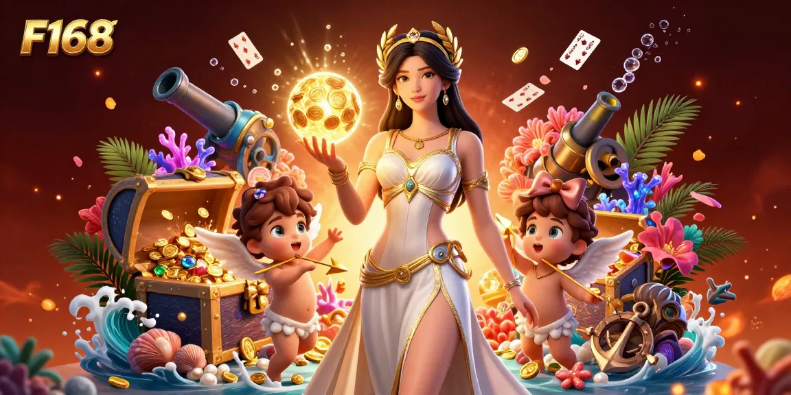 Engage in thrilling casino adventures at F168 with a stunning goddess illustration amidst golden treasure.