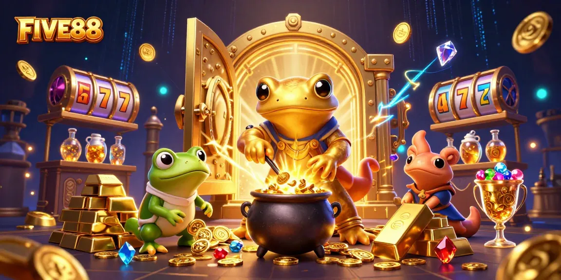 Experience vibrant gaming thrills at FIVE88 with immersive visuals of gold coins and enchanting characters.