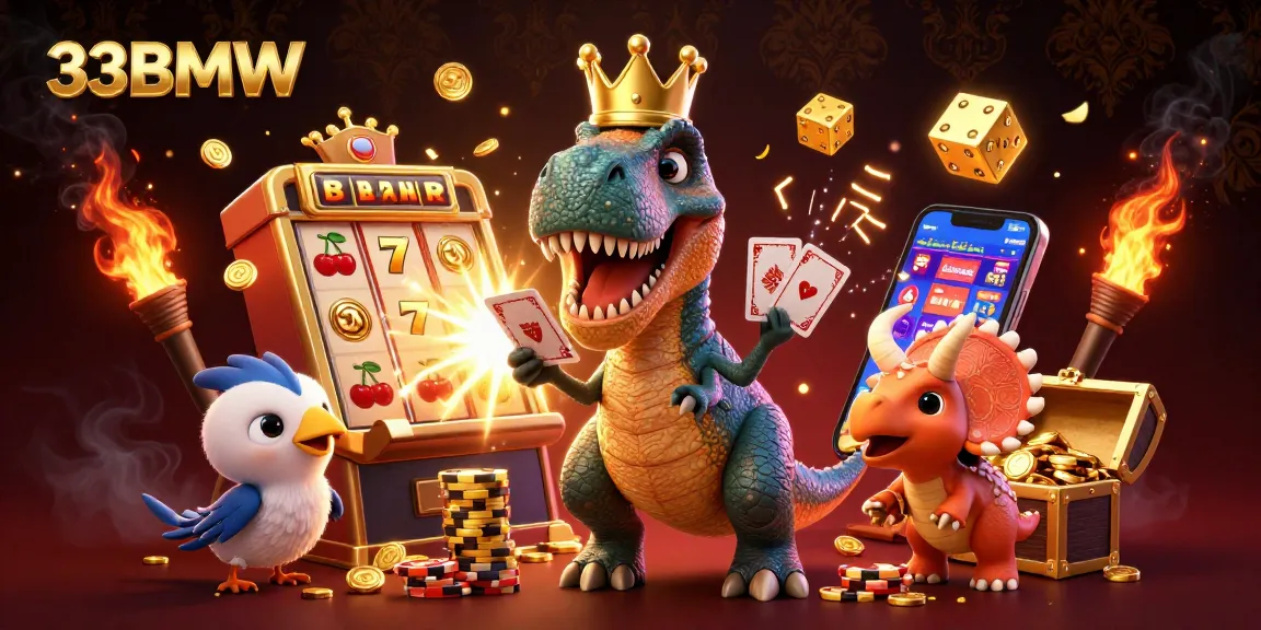 Join the excitement with 33BMW's colorful illustration featuring thrilling casino elements and friendly dinosaurs.
