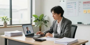Small business accountant Auckland in modern office discussing financial strategies with client.