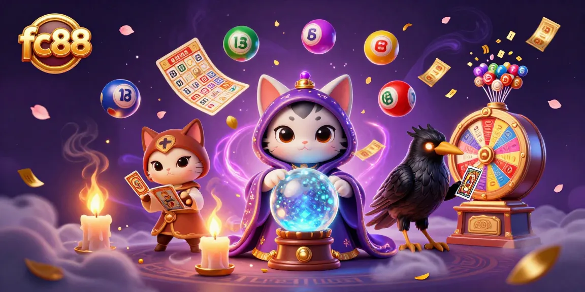 Engage with thrilling fc88 gaming experiences featuring a mystic cat, a raven, and festive lottery elements.