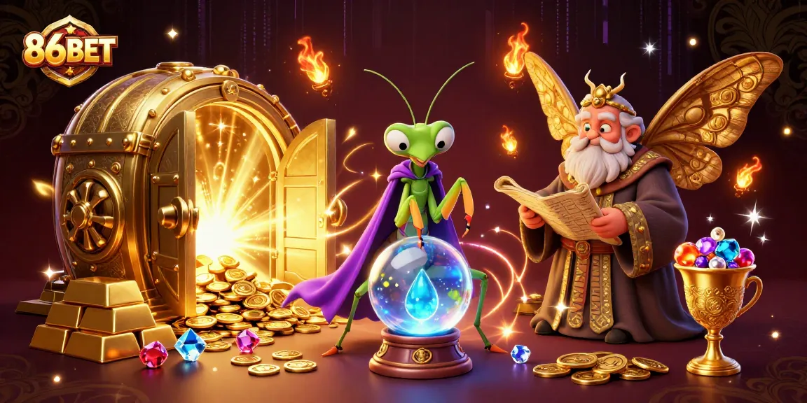 Experience thrilling gameplay at 86BET with vibrant characters amidst dazzling treasures.