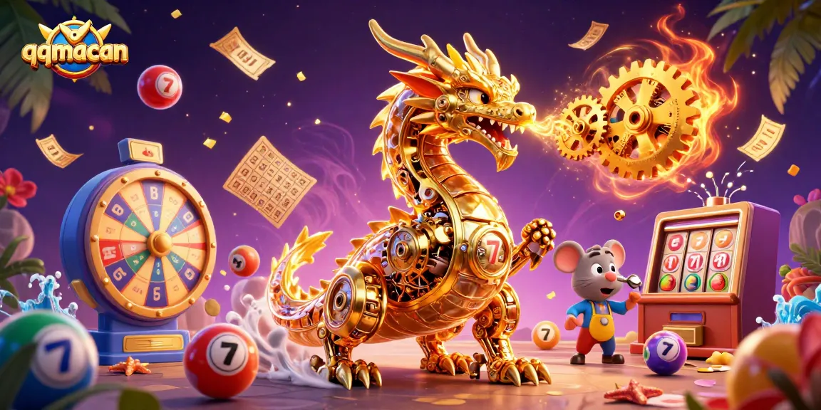 Spin and win with qqmacan's exciting slots, showcasing vibrant games, gold dragon, and lucky elements.