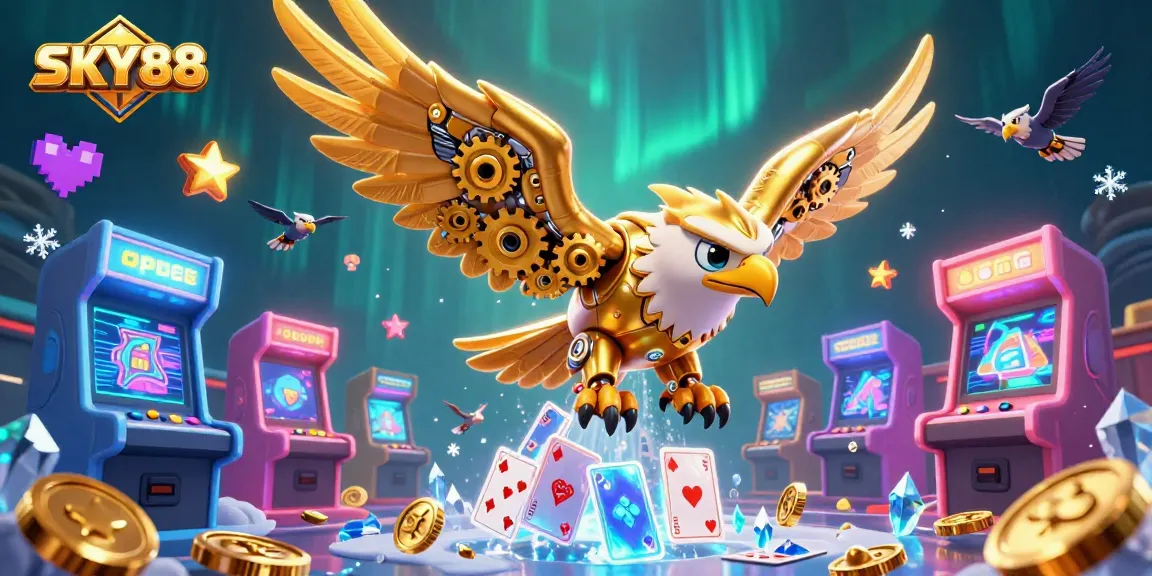 Experience thrilling gameplay with SKY88's vibrant 3D casino visuals, featuring a cybernetic golden eagle.