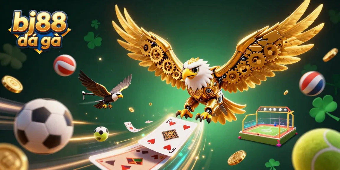 Experience the excitement of bj88 đá gà with this dynamic 3D illustration showcasing a winning eagle amidst gaming elements.