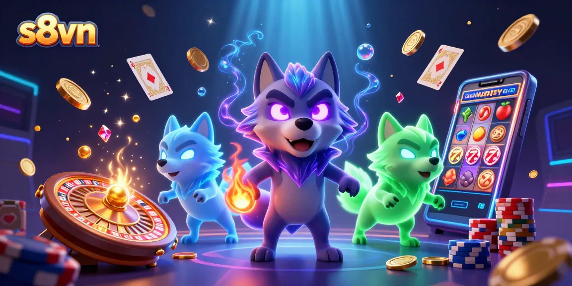 Experience thrilling wins with s8vn's vibrant casino scene featuring glowing wolves and dynamic gaming elements.