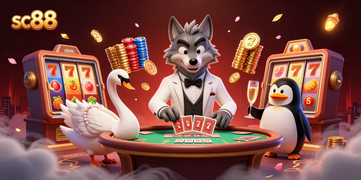 Experience thrilling wins at SC88 with a debonair wolf, elegantly dealing cards, surrounded by vibrant slot machines.