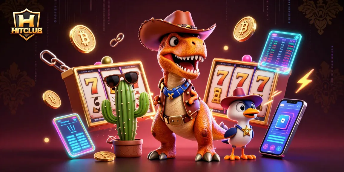 Engage in thrilling gameplay at HITCLUB with slot reels, bitcoin symbols, and dynamic characters.