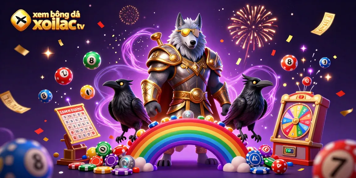 Xem bóng đá xoilac tv promotion featuring vibrant casino-themed 3D characters, fireworks, and lottery elements.